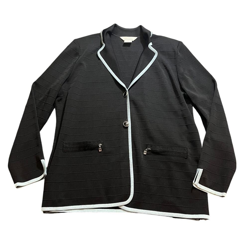 Exclusively Misook Knit Blazer‎ XL Black Blue Button Up Jacket Womens Formal